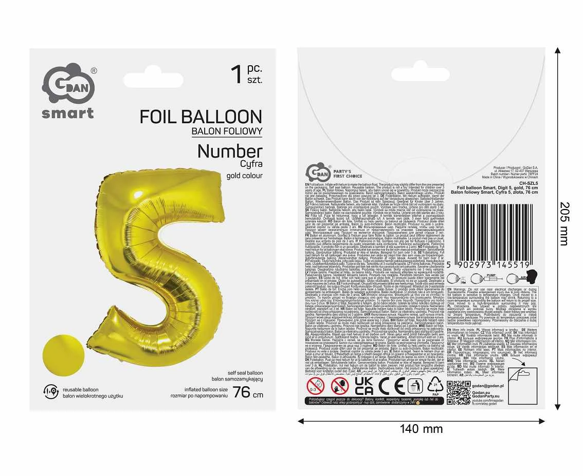 Balon foliowy Smart, Cyfra 5, złota, 76 cm AA