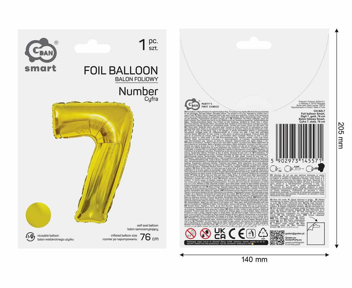 Balon foliowy Smart, Cyfra 7, złota, 76 cm AA