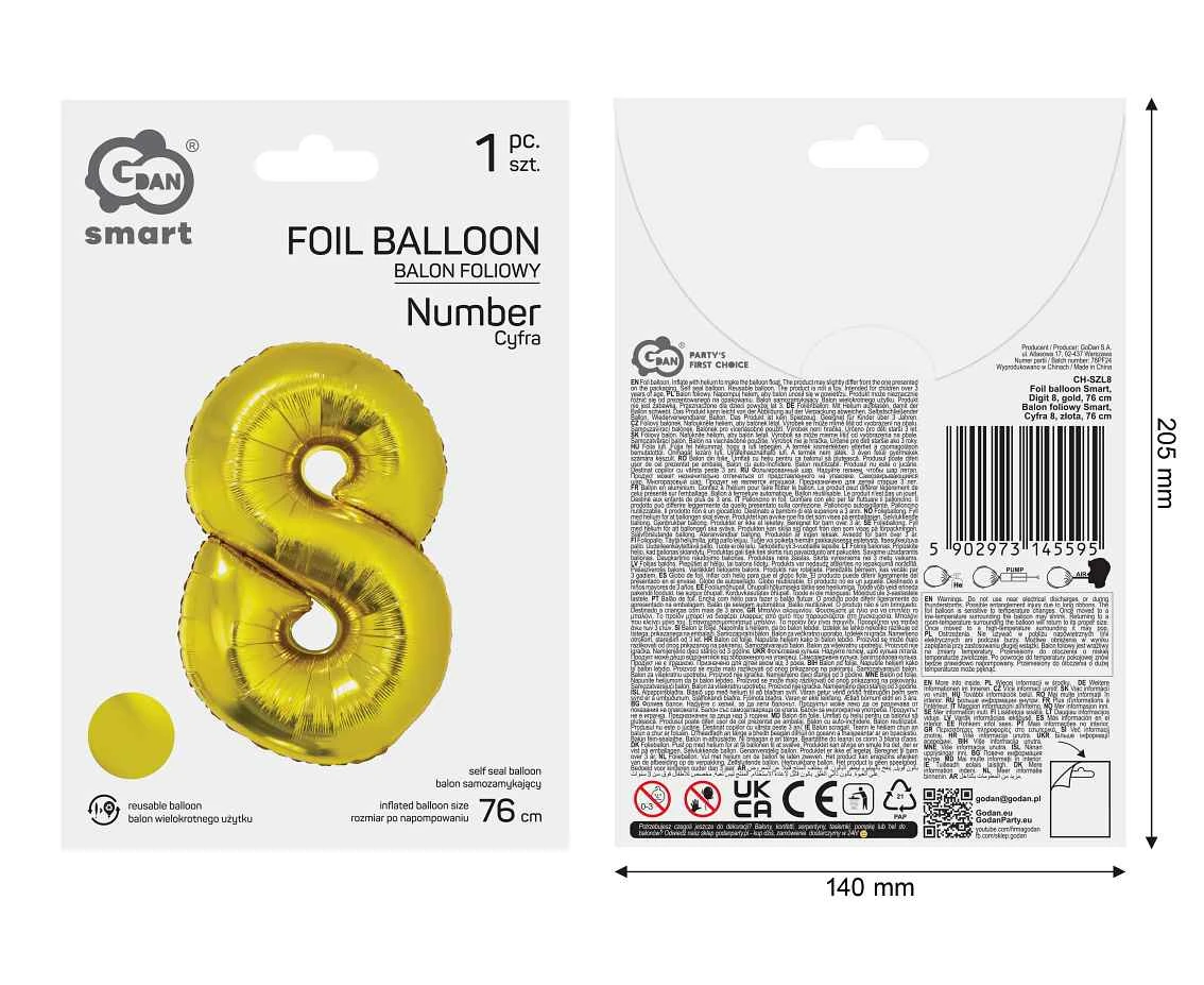Balon foliowy Smart, Cyfra 8, złota, 76 cm AA