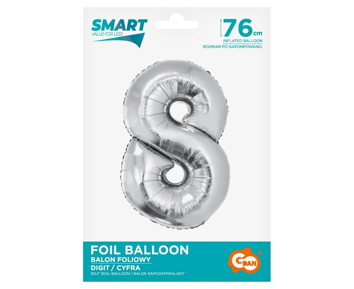 Balon foliowy Smart, Cyfra 8, srebrna, 76 cm