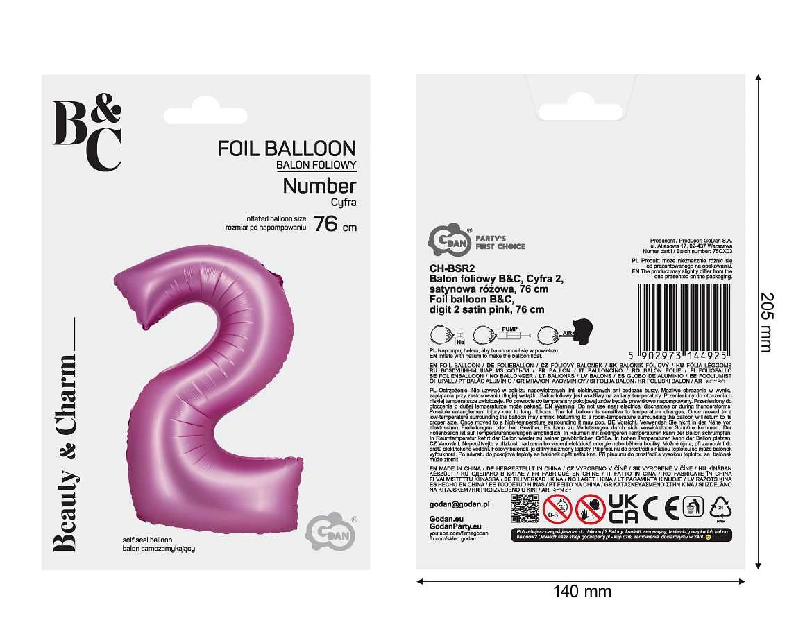 Balon foliowy B&C, Cyfra 2, satynowa różowa, 76 cm KK