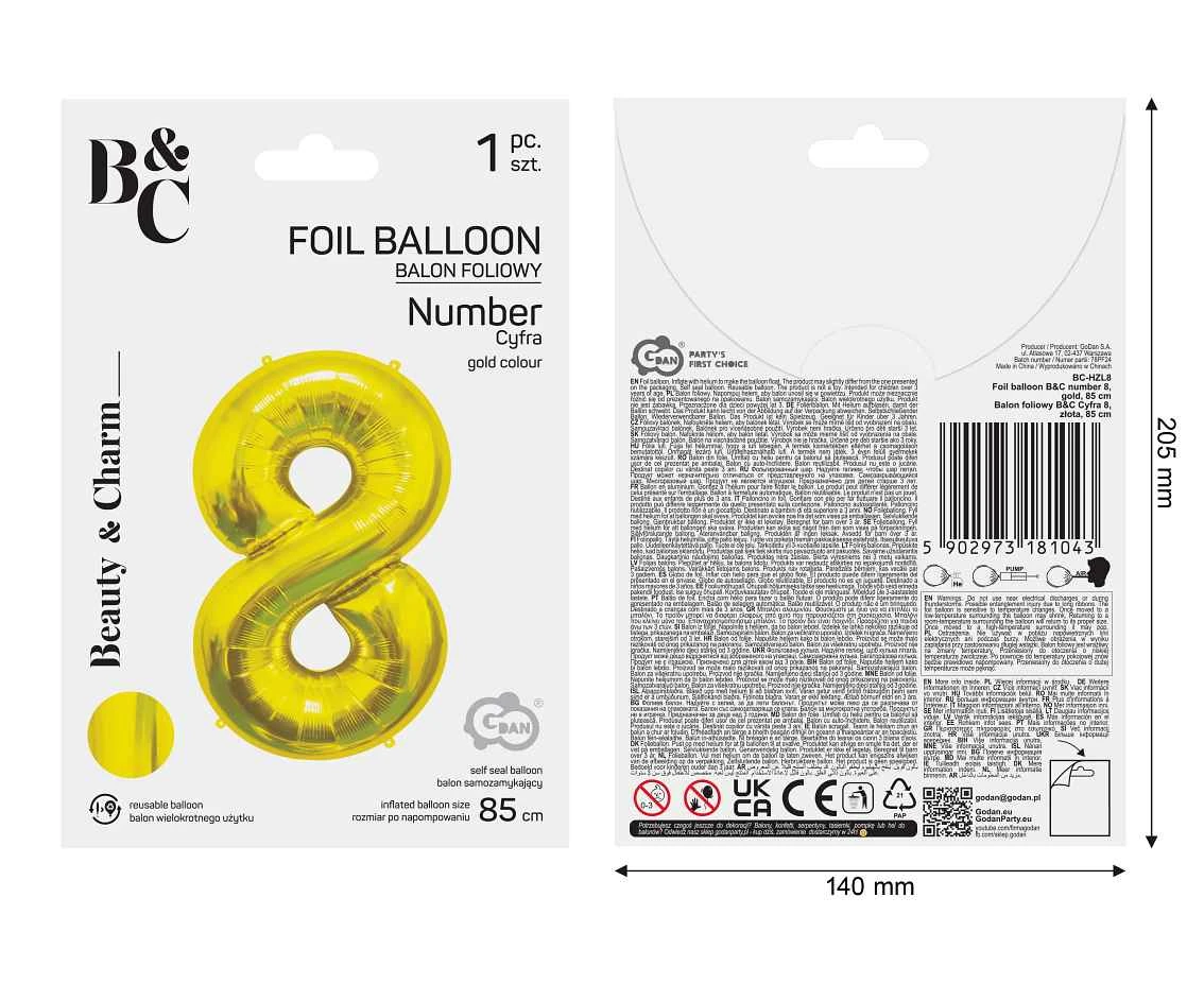 Balon foliowy B&C Cyfra 8, złota, 85 cm AA
