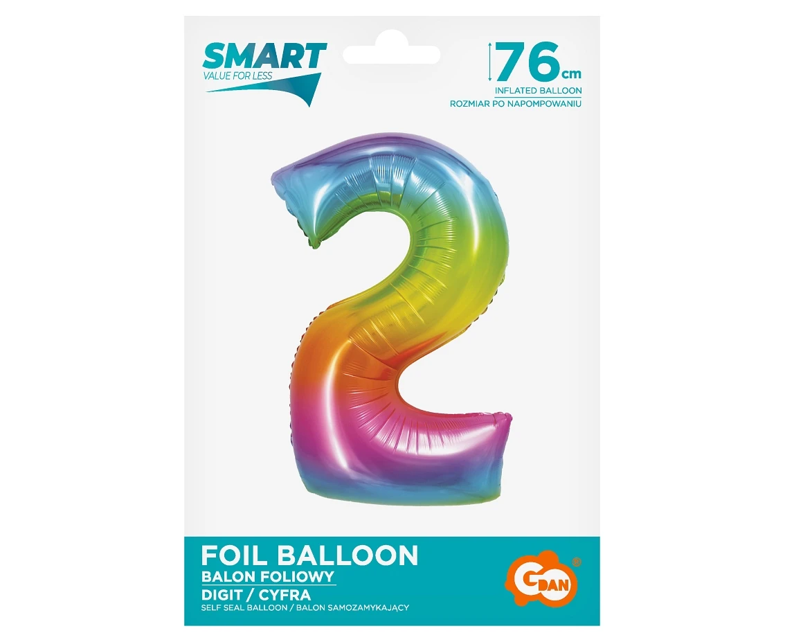 Balon foliowy Smart, Cyfra 2, tęczowa, 76 cm