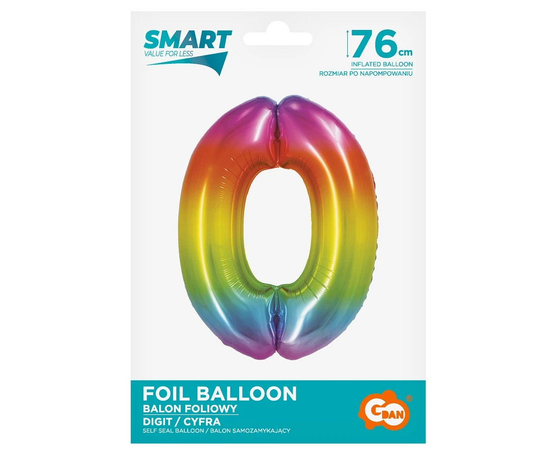 Balon foliowy Smart, Cyfra 0, tęczowa, 76 cm