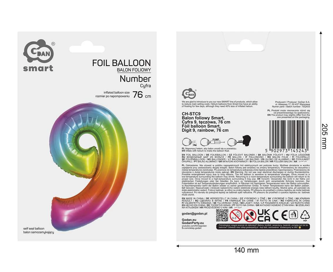 Balon foliowy Smart, Cyfra 9, tęczowa, 76 cm