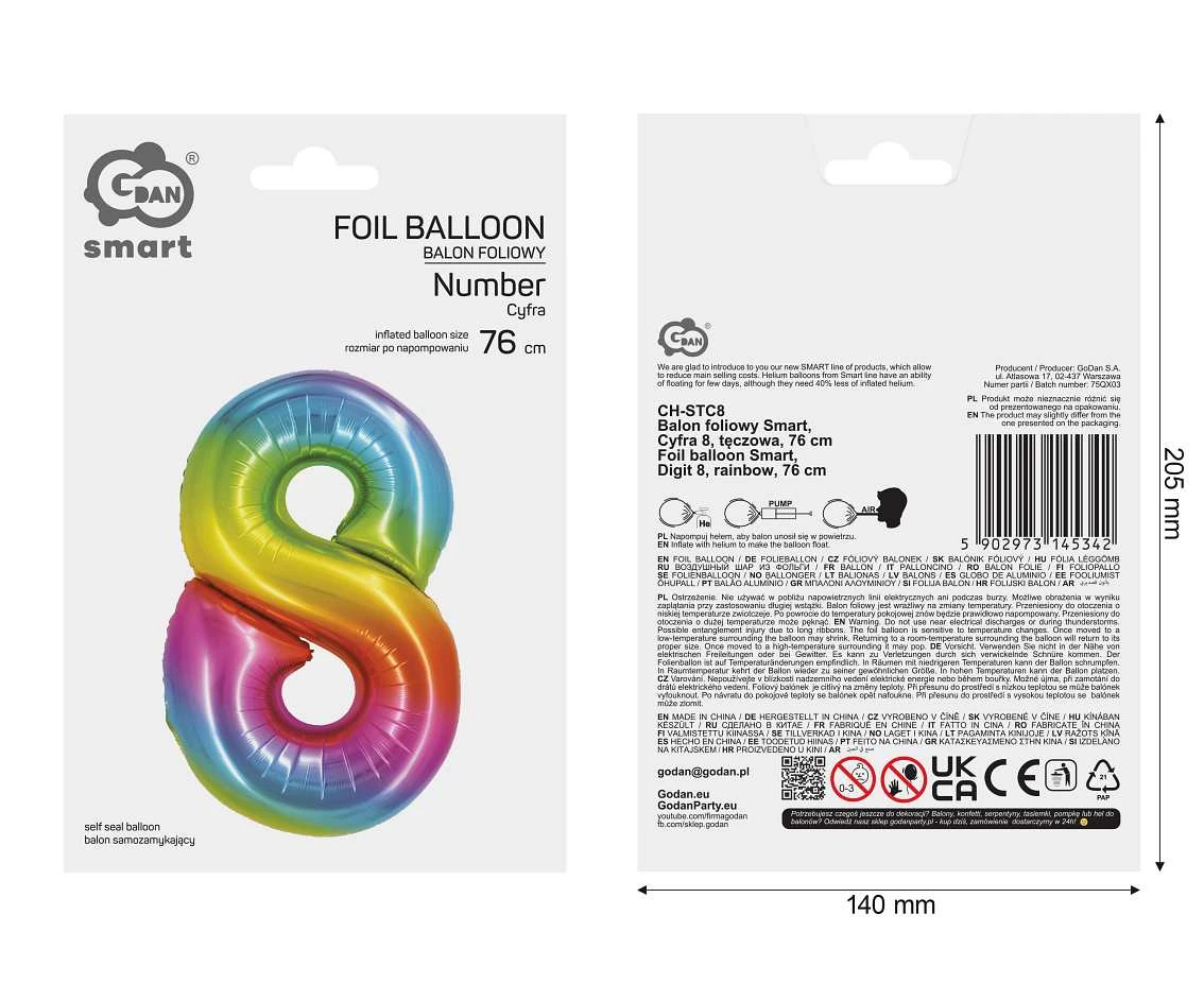 Balon foliowy Smart, Cyfra 8, tęczowa, 76 cm
