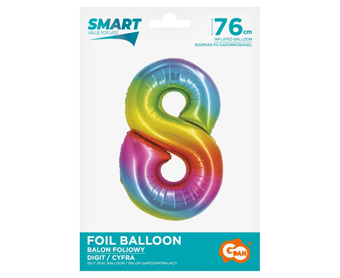 Balon foliowy Smart, Cyfra 8, tęczowa, 76 cm