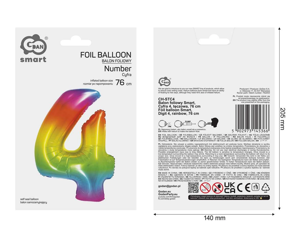 Balon foliowy Smart, Cyfra 4, tęczowa, 76 cm