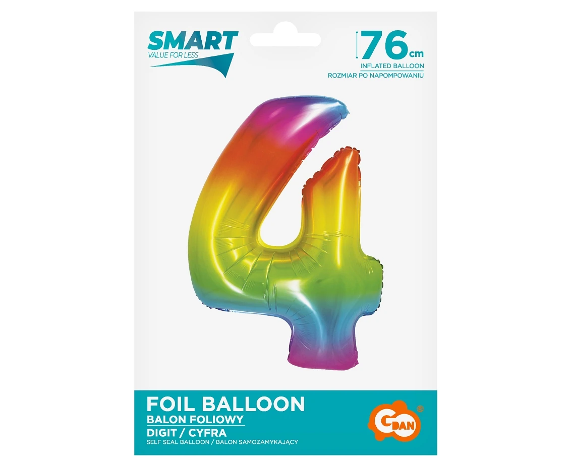 Balon foliowy Smart, Cyfra 4, tęczowa, 76 cm
