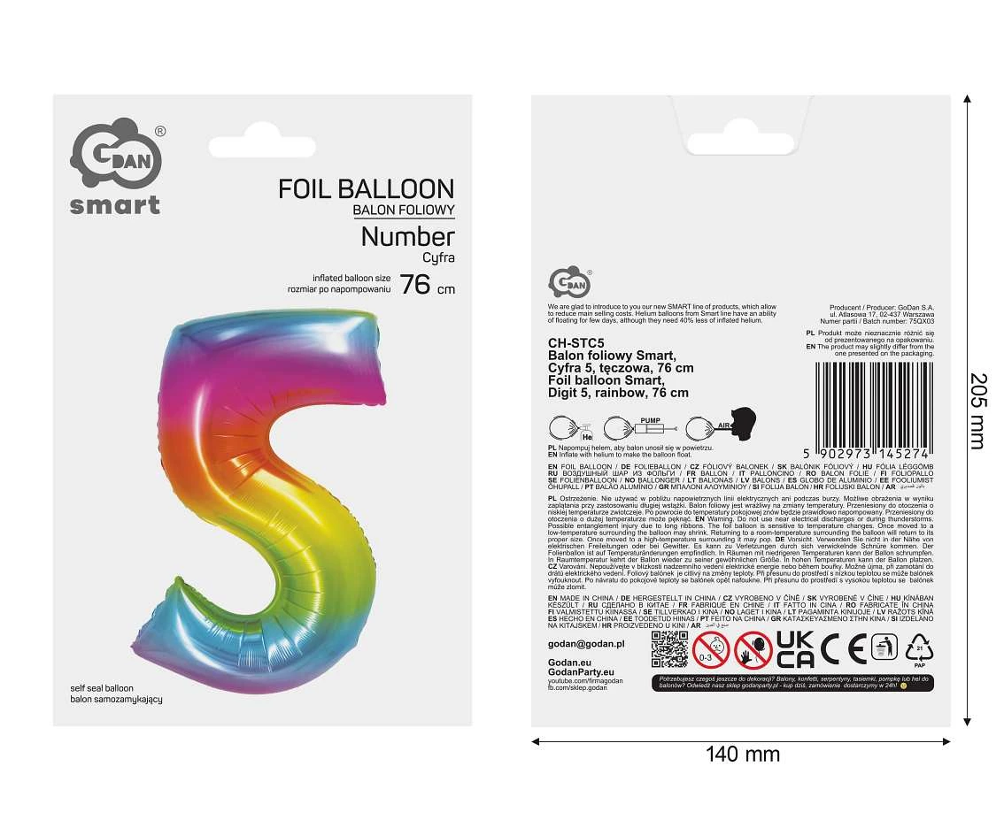 Balon foliowy Smart, Cyfra 5, tęczowa, 76 cm