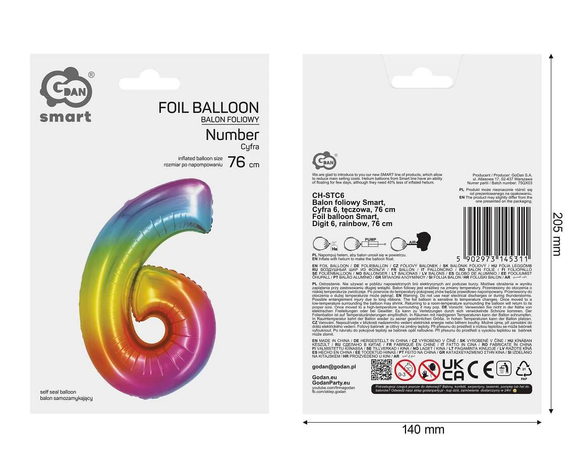 Balon foliowy Smart, Cyfra 6, tęczowa, 76 cm