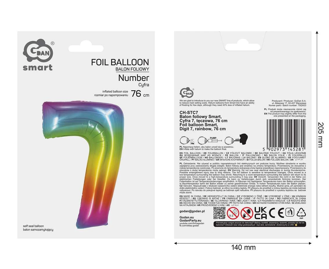 Balon foliowy Smart, Cyfra 7, tęczowa, 76 cm