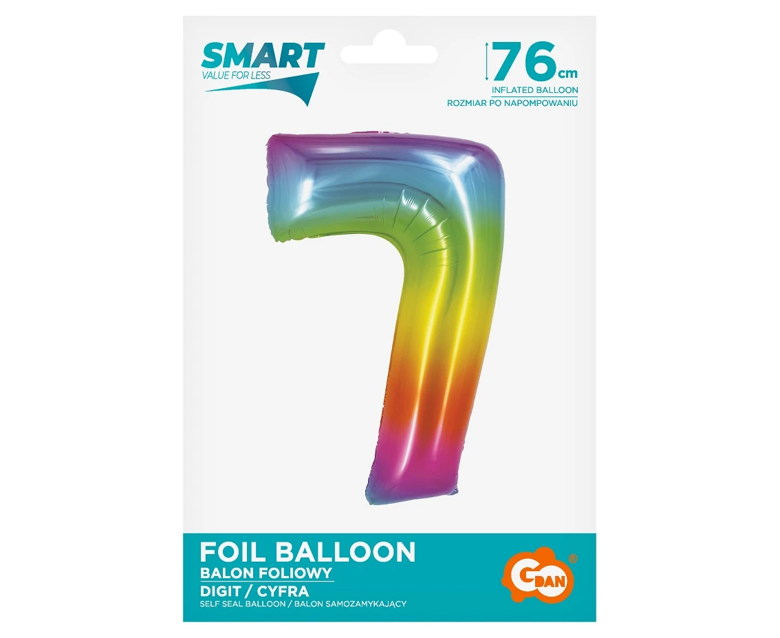 Balon foliowy Smart, Cyfra 7, tęczowa, 76 cm