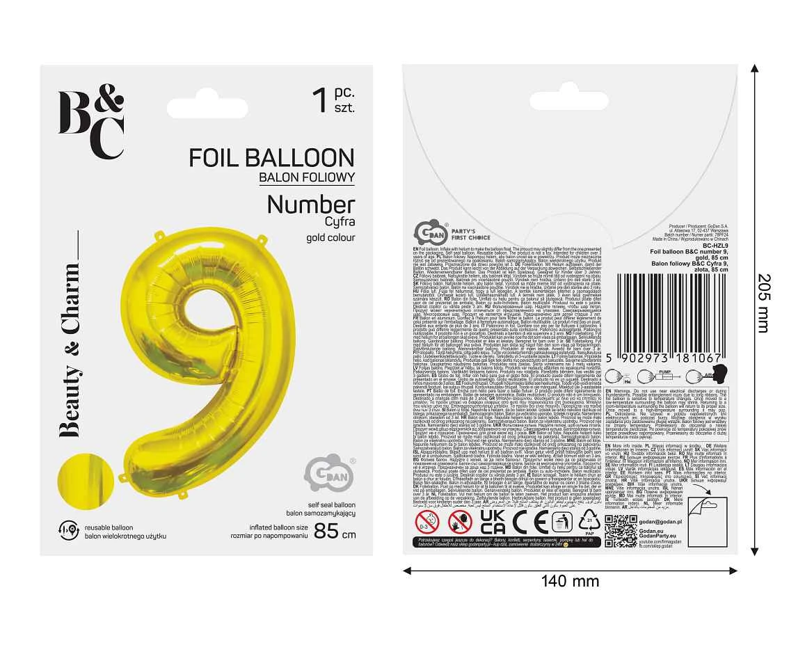 Balon foliowy B&C Cyfra 9, złota, 85 cm AA