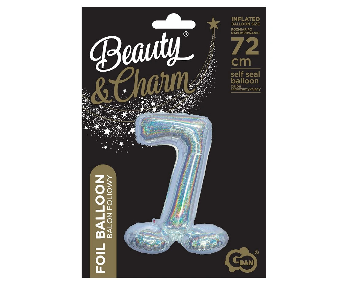 Balon foliowy B&C, Cyfra stojąca 7, holograficzna srebrna, 72 cm KK