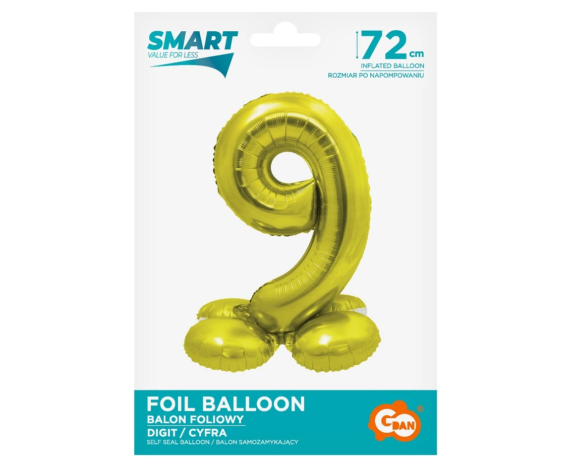 Balon foliowy Smart, Cyfra stojąca 9, złota, 72 cm KK