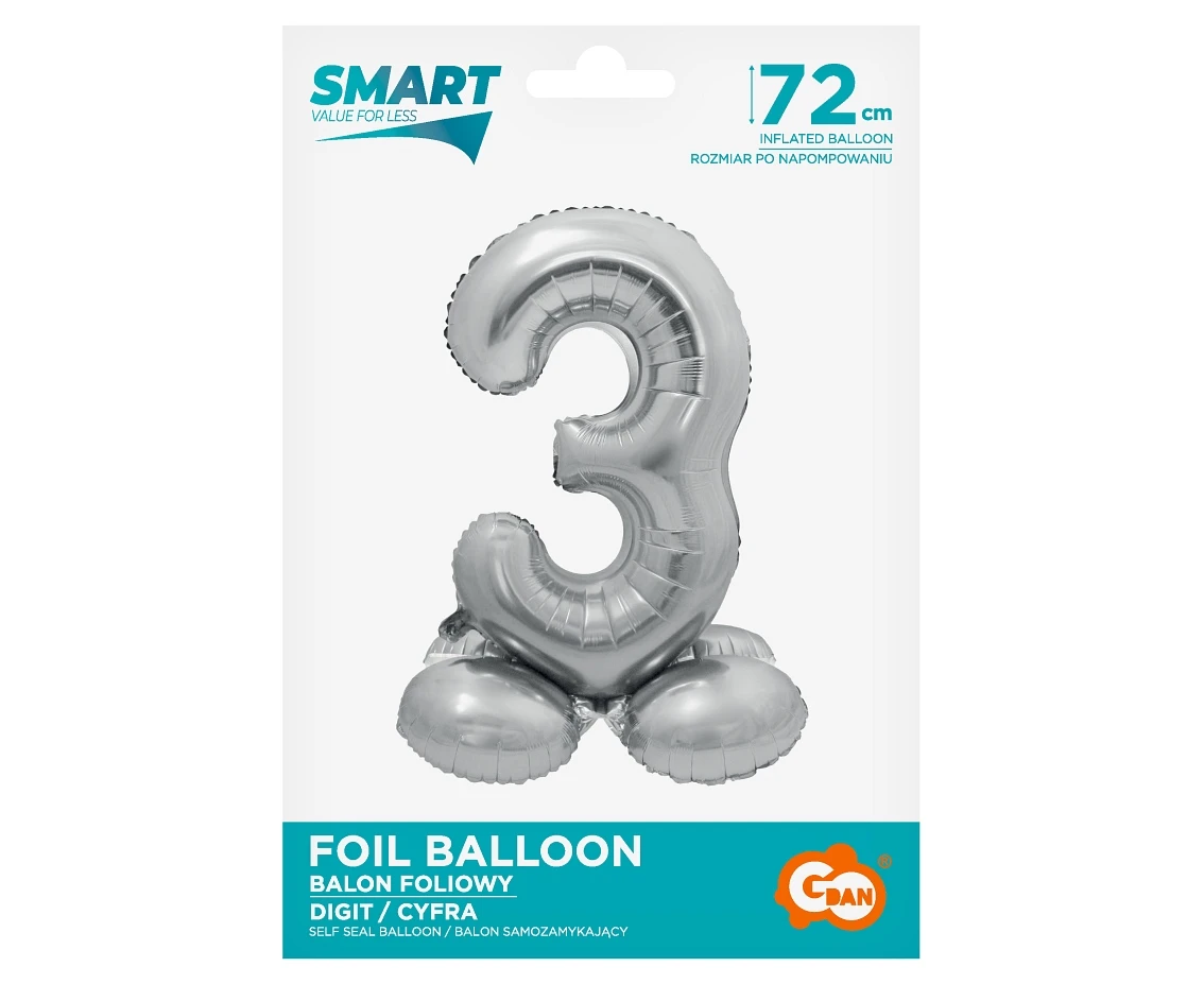 Balon foliowy Smart, Cyfra stojąca 3, srebrna, 72 cm KK