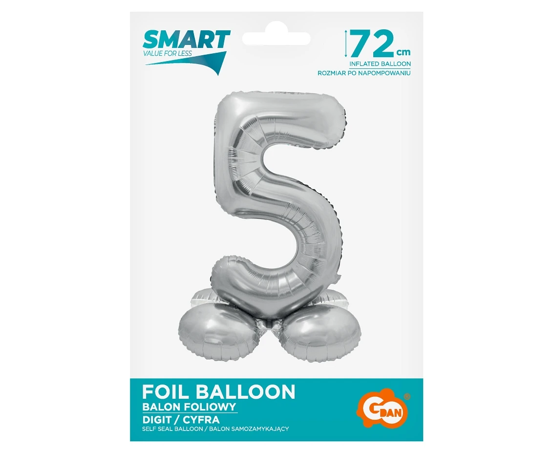 Balon foliowy Smart, Cyfra stojąca 5, srebrna, 72 cm KK