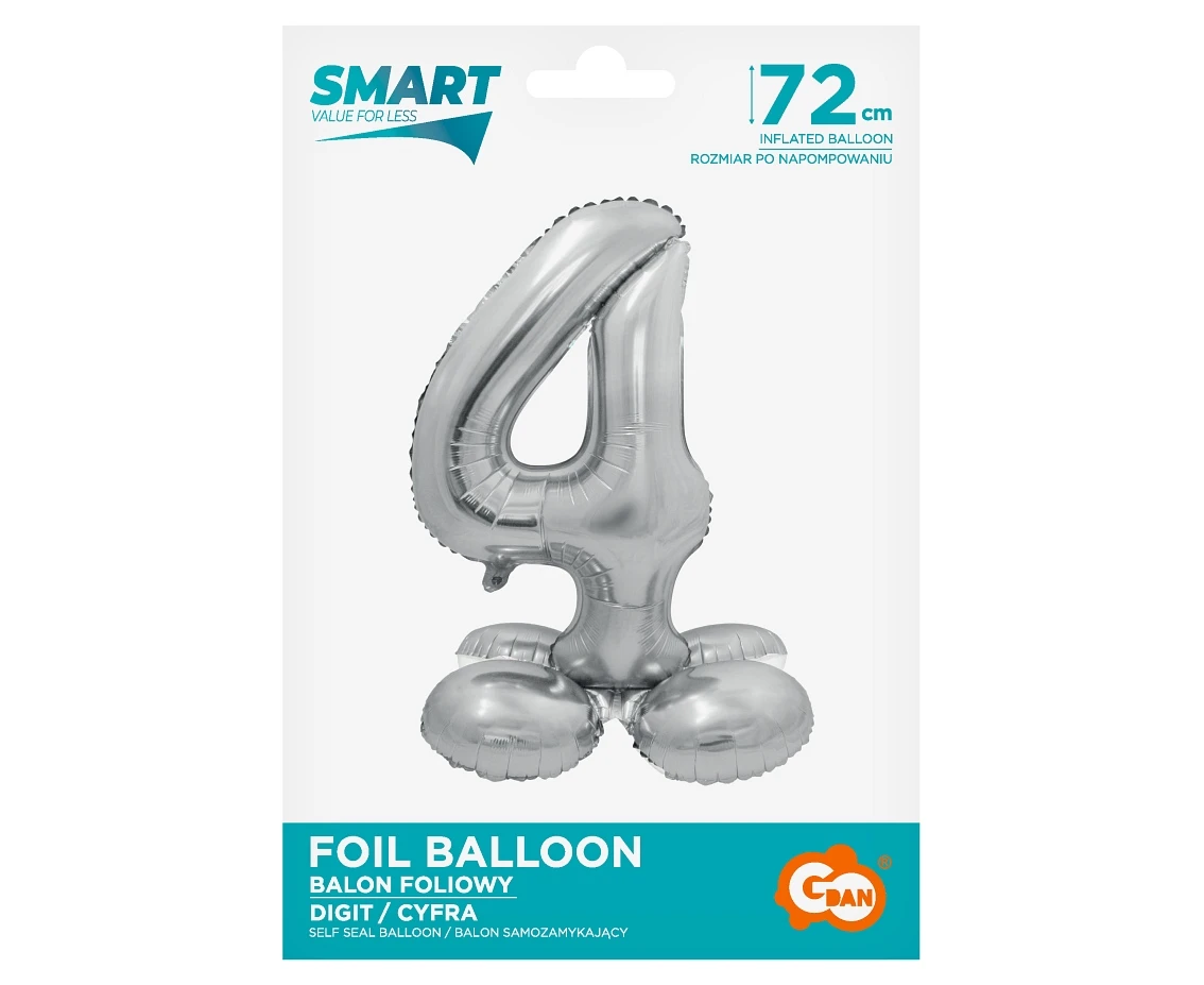 Balon foliowy Smart, Cyfra stojąca 4, srebrna, 72 cm KK