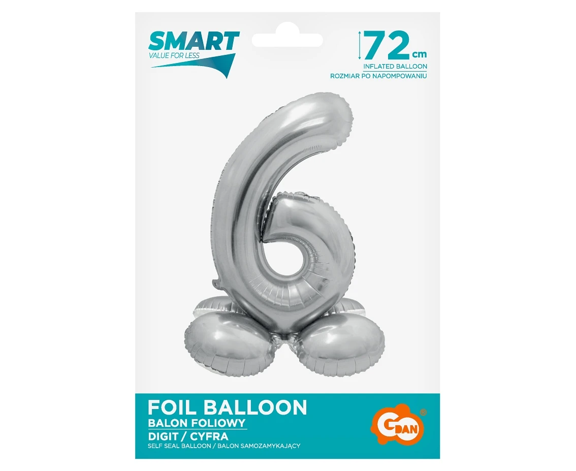 Balon foliowy Smart, Cyfra stojąca 6, srebrna, 72 cm KK