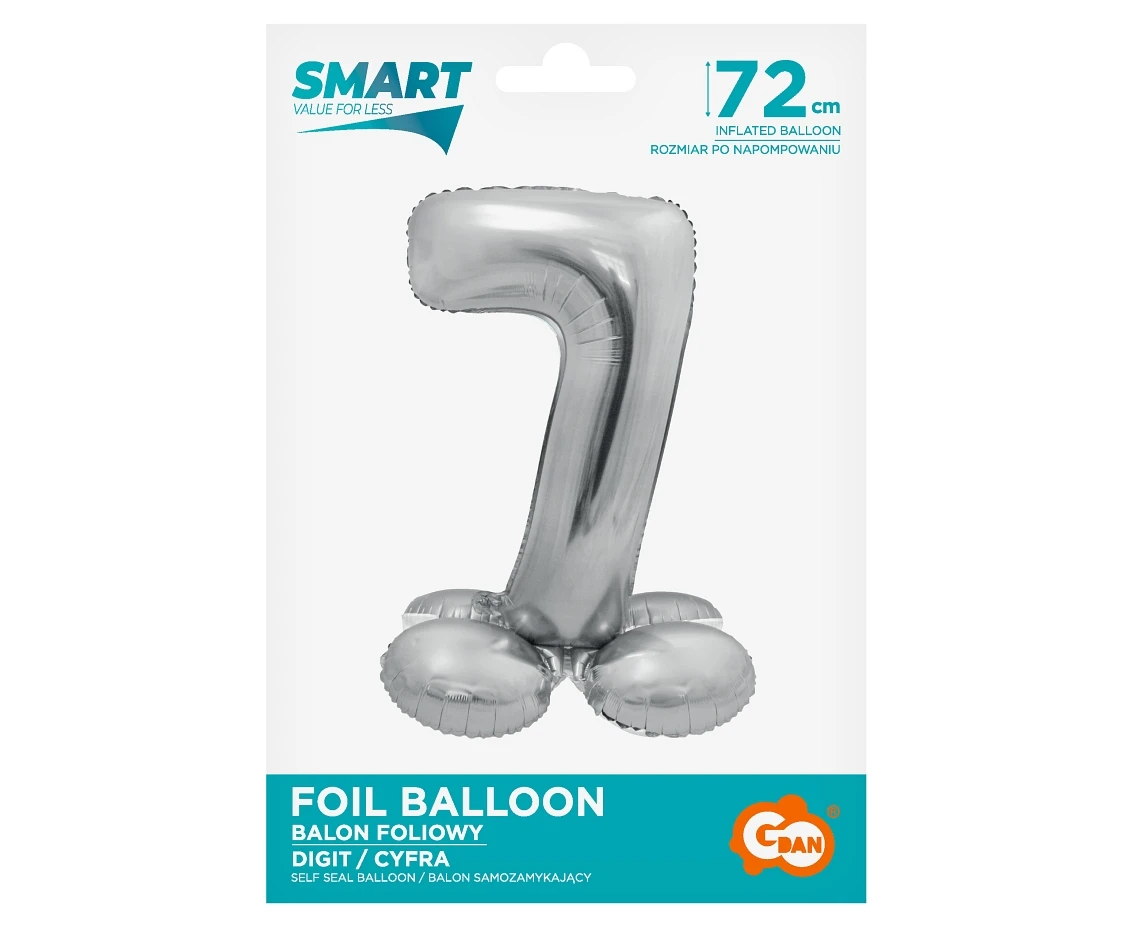 Balon foliowy Smart, Cyfra stojąca 7, srebrna, 72 cm KK