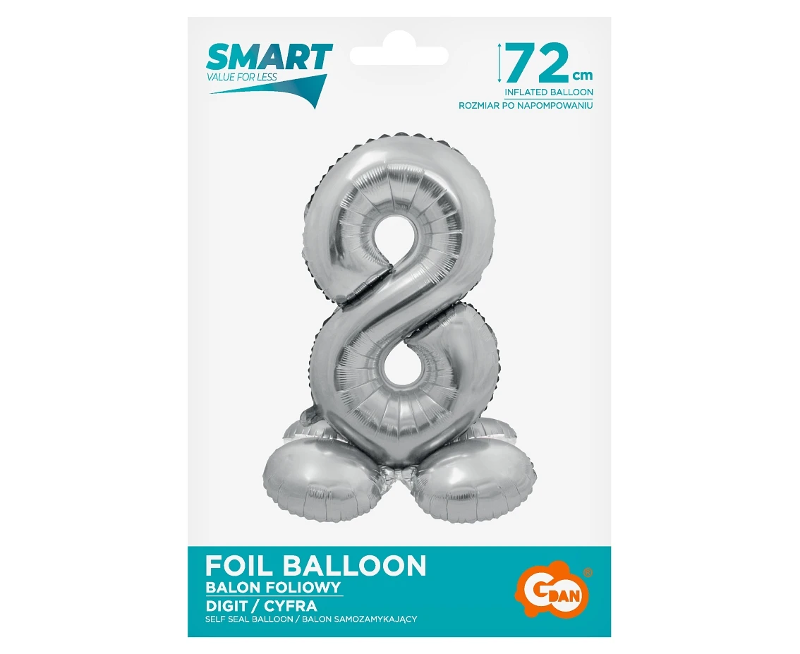 Balon foliowy Smart, Cyfra stojąca 8, srebrna, 72 cm KK