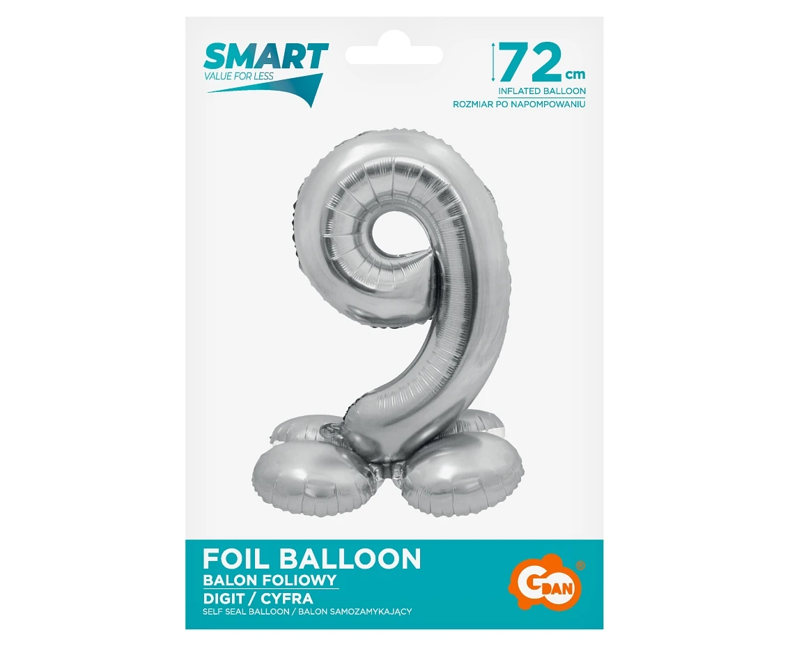 Balon foliowy Smart, Cyfra stojąca 9, srebrna, 72 cm KK