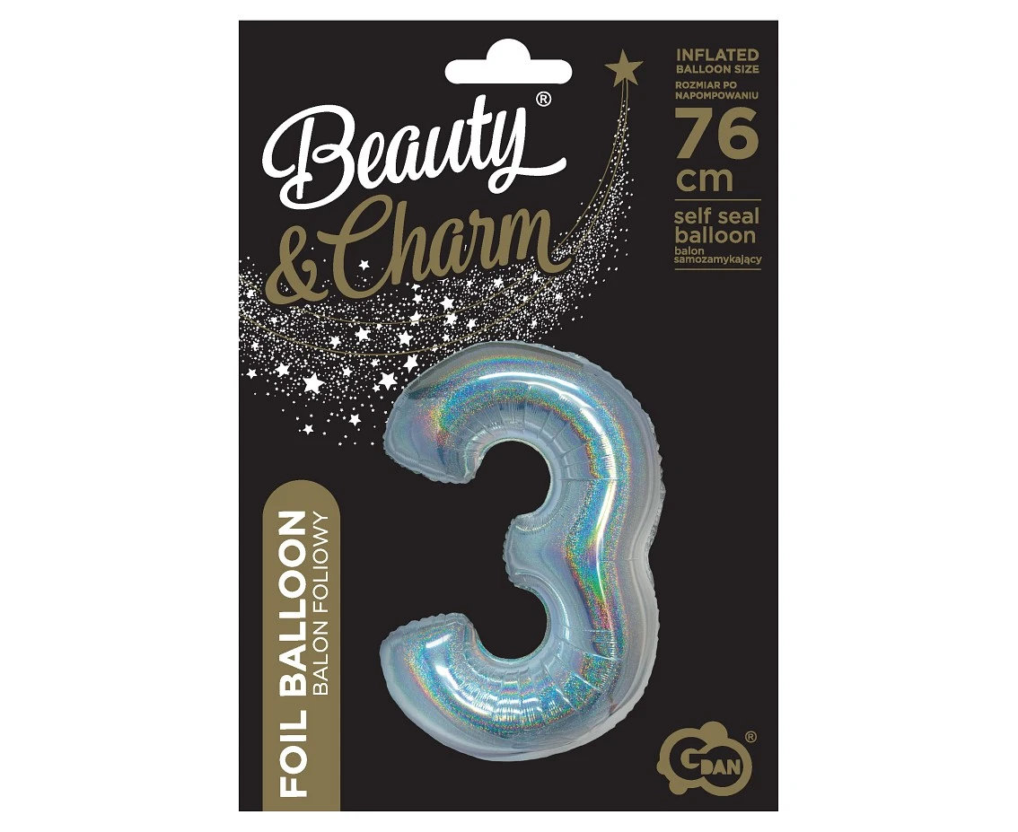 Balon foliowy B&C, Cyfra 3, holograficzna srebrna, 76 cm KK