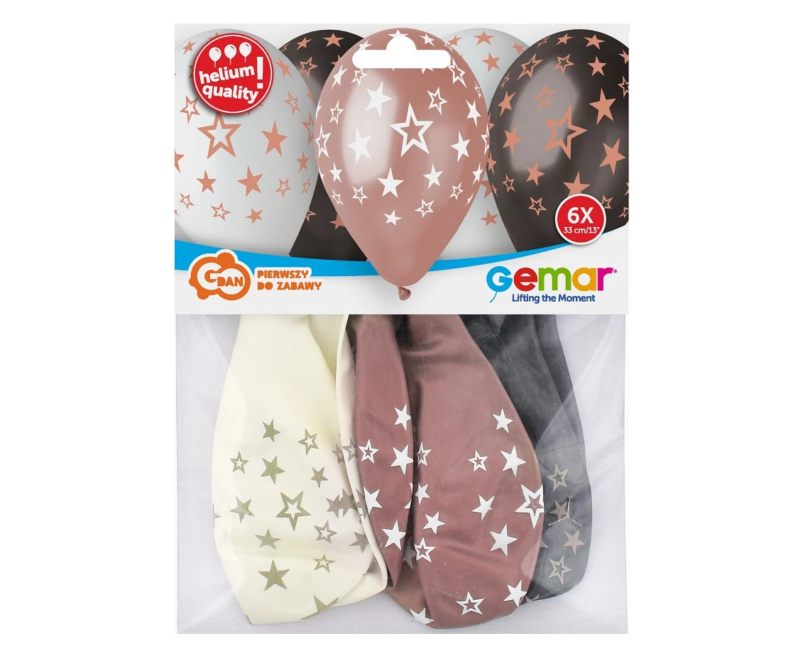 Balony Gemar 13", premium hel gwiazdy różowo-złote, metalik, 6szt. KK