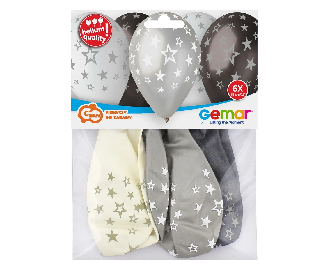 Balony Gemar 13", premium hel gwiazdy srebrne, metalik, 6szt. KK