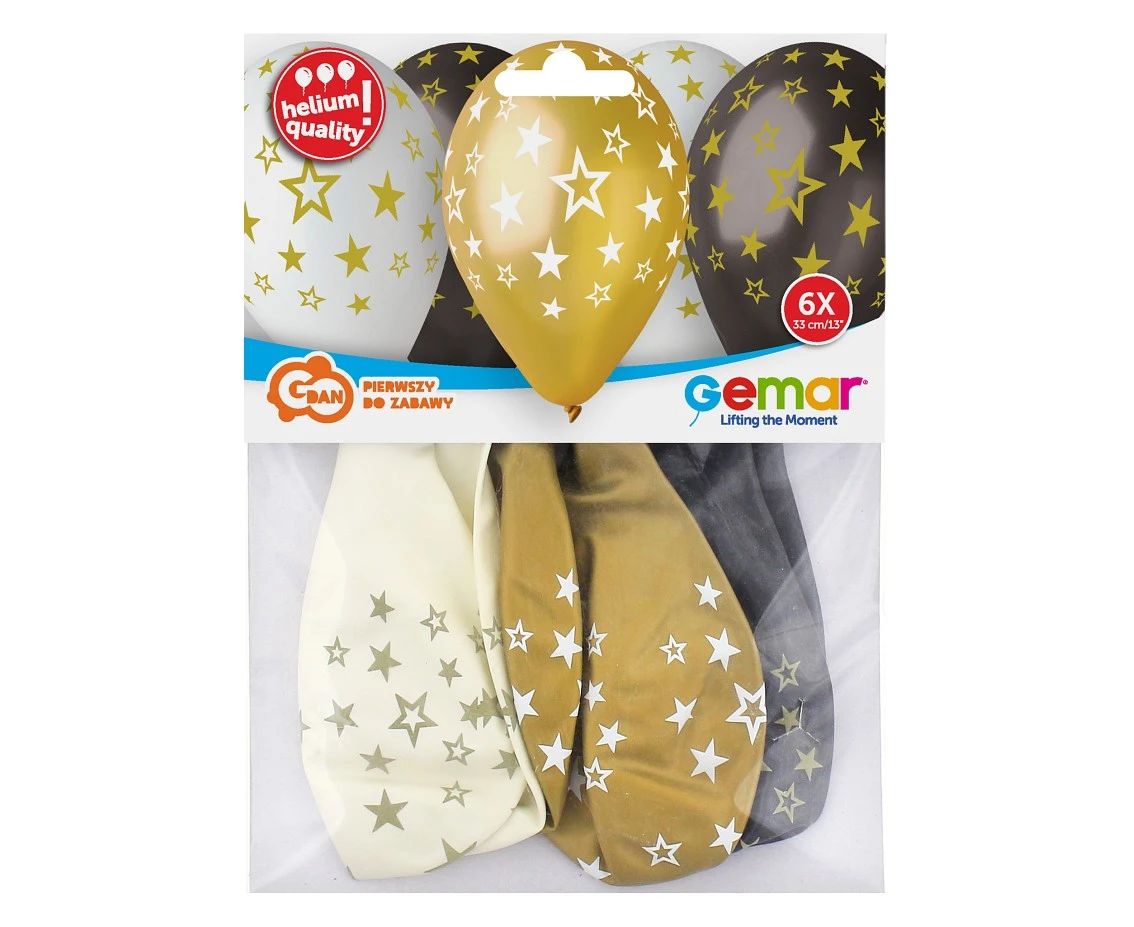 Balony Gemar 13", premium hel gwiazdy złote, metalik, 6szt.