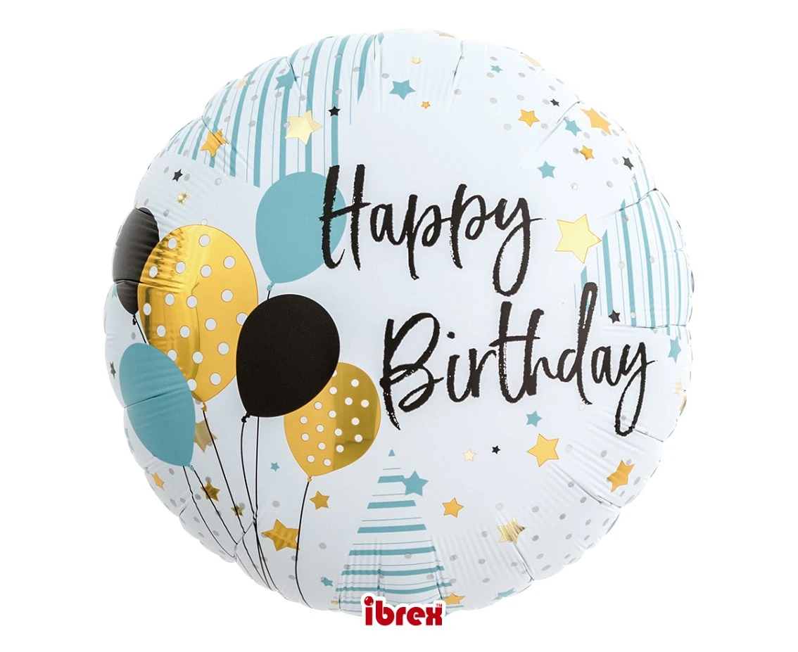 Balon Ibrex Hel, okrągły 14", Happy Birthday Balloons, packed