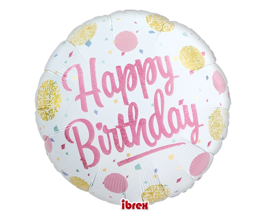 Balon Ibrex Hel, okrągły 14", Happy Birthday Gold&Pink Dots, packed