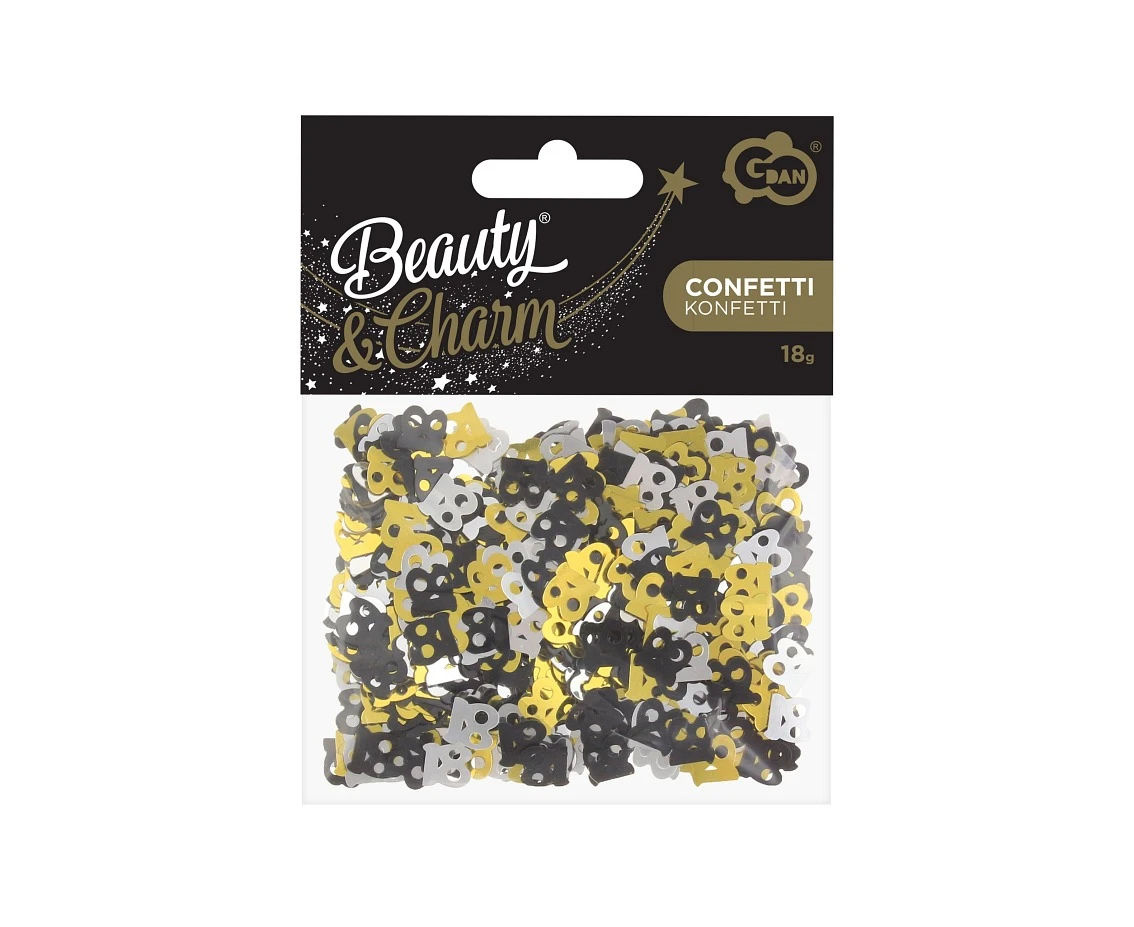 Konfetti foliowe B&C cyferka 18, 18g, miks czarno-srebrno-złoty KK