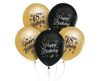 Balony B&C 12",  18. urodziny, złote i czarne, 5szt.