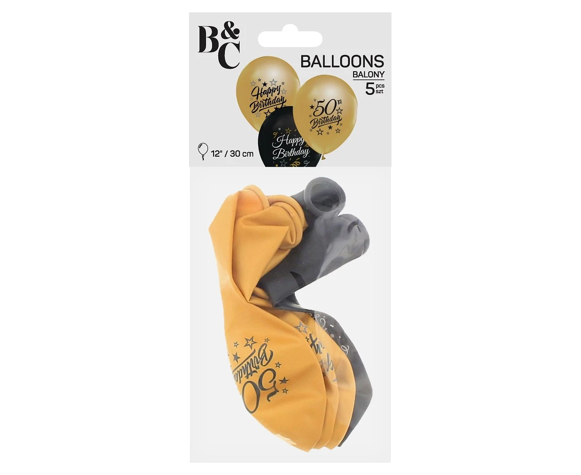 Balony B&C 12",  50. urodziny, złote i czarne, 5szt.