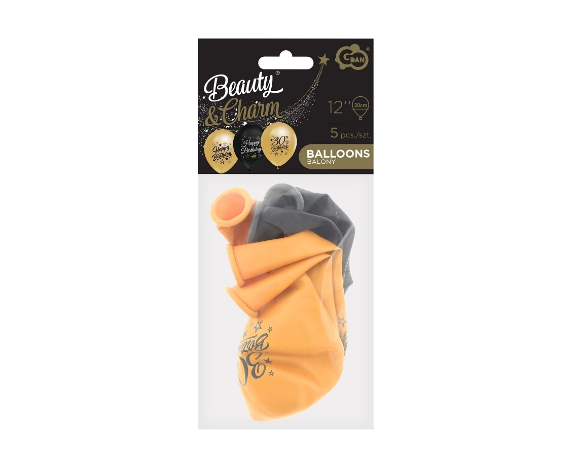 Balony B&C 12",  30. urodziny, złote i czarne, 5szt.
