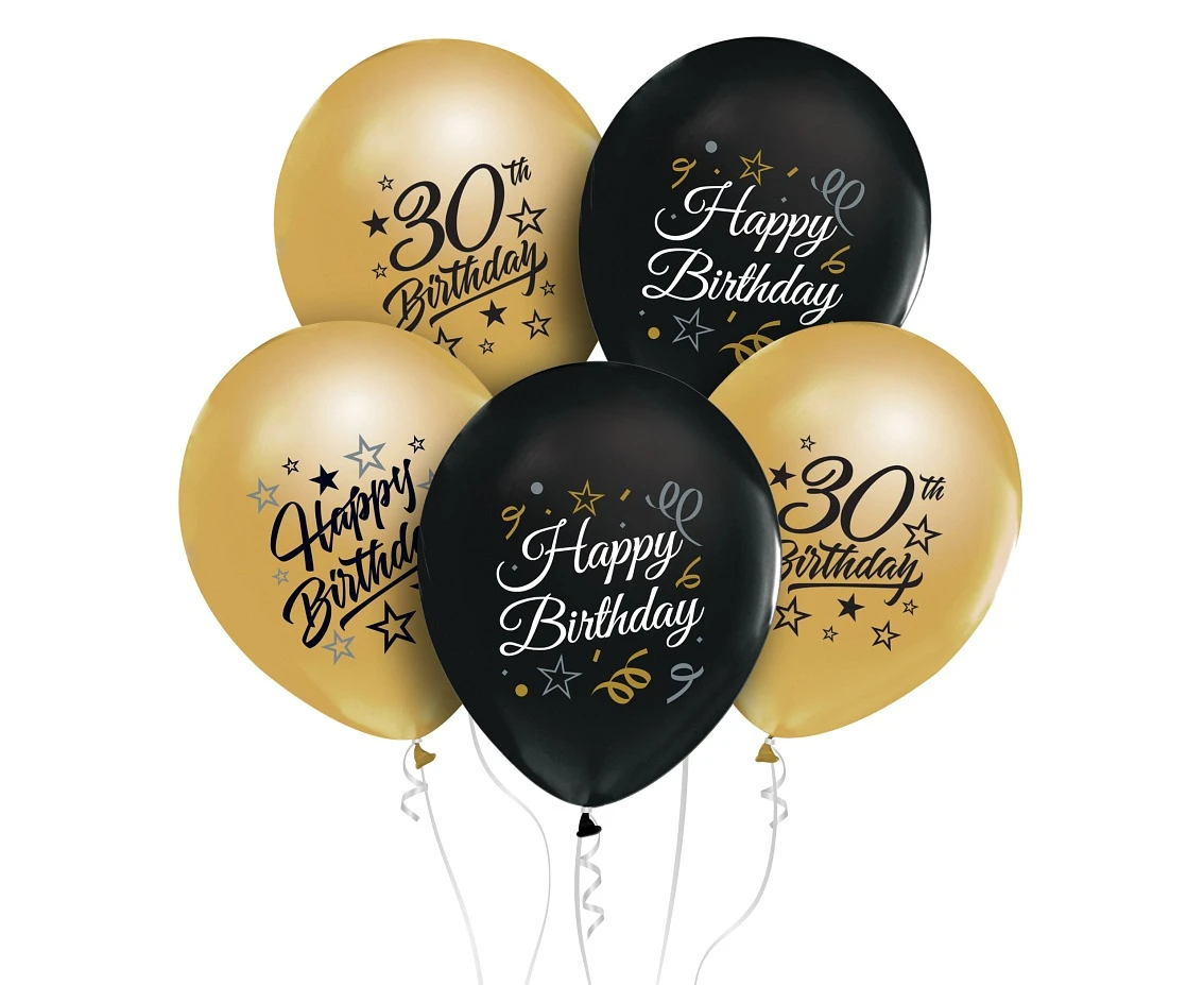 Balony B&C 12",  30. urodziny, złote i czarne, 5szt.