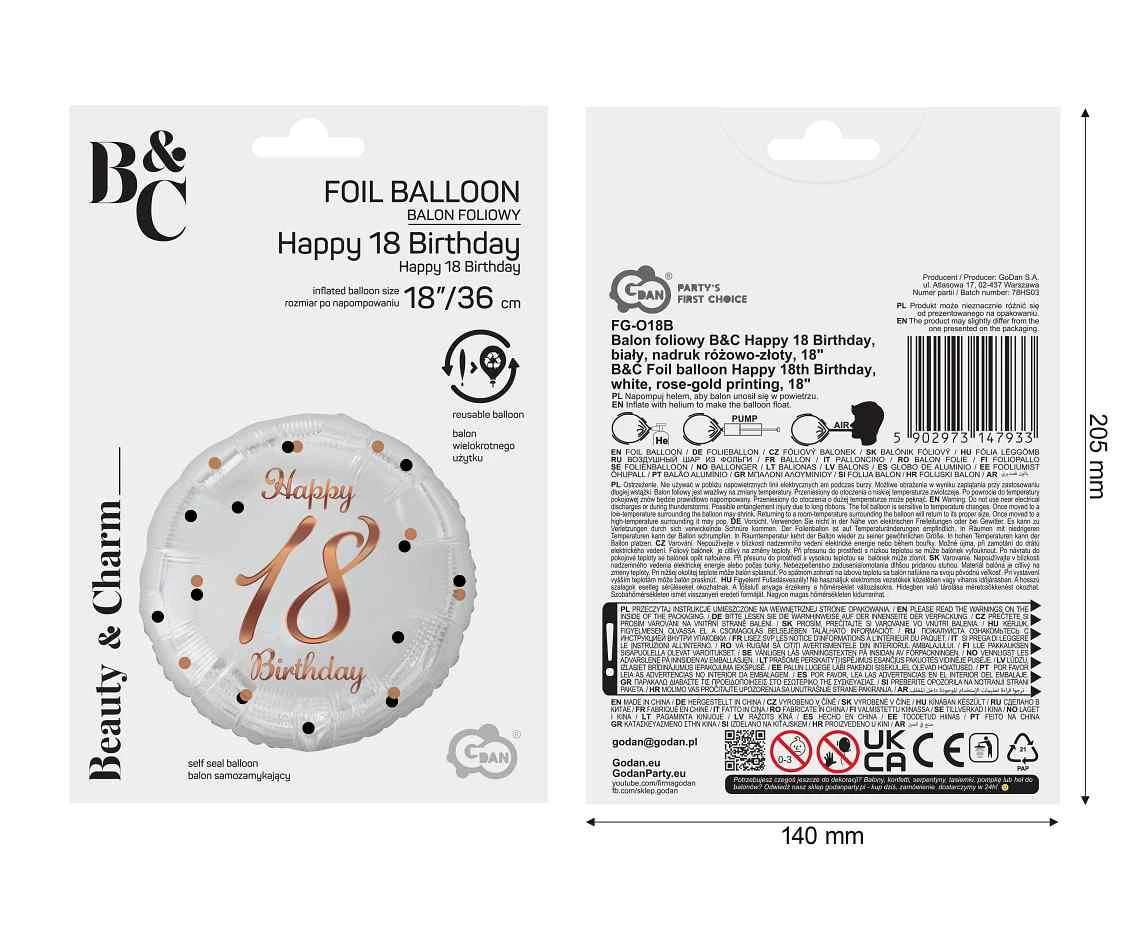 Balon foliowy B&C Happy 18 Birthday, biały, nadruk różowo-złoty, 18 cali AA