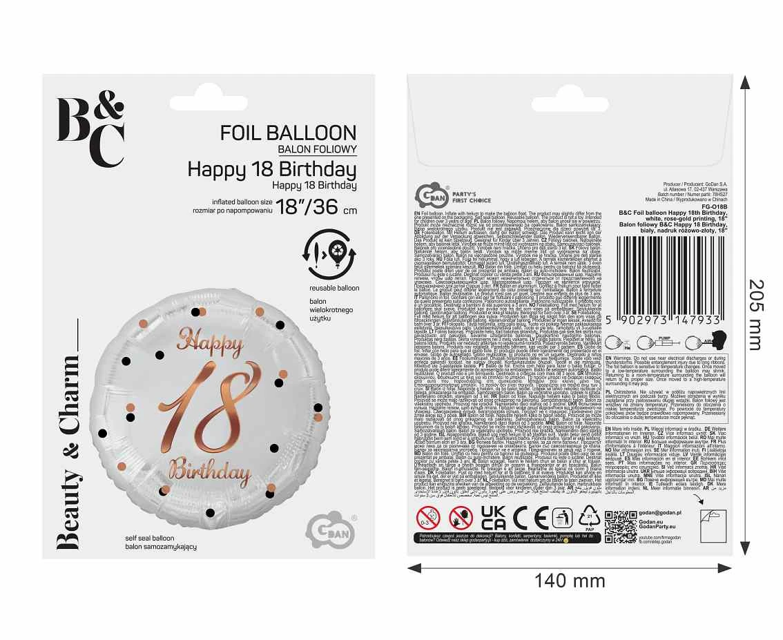 Balon foliowy B&C Happy 18 Birthday, biały, nadruk różowo-złoty, 18 cali AA