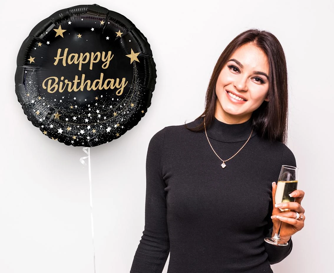 Balon foliowy B&C Happy Birthday, czarny, 18 cali AA
