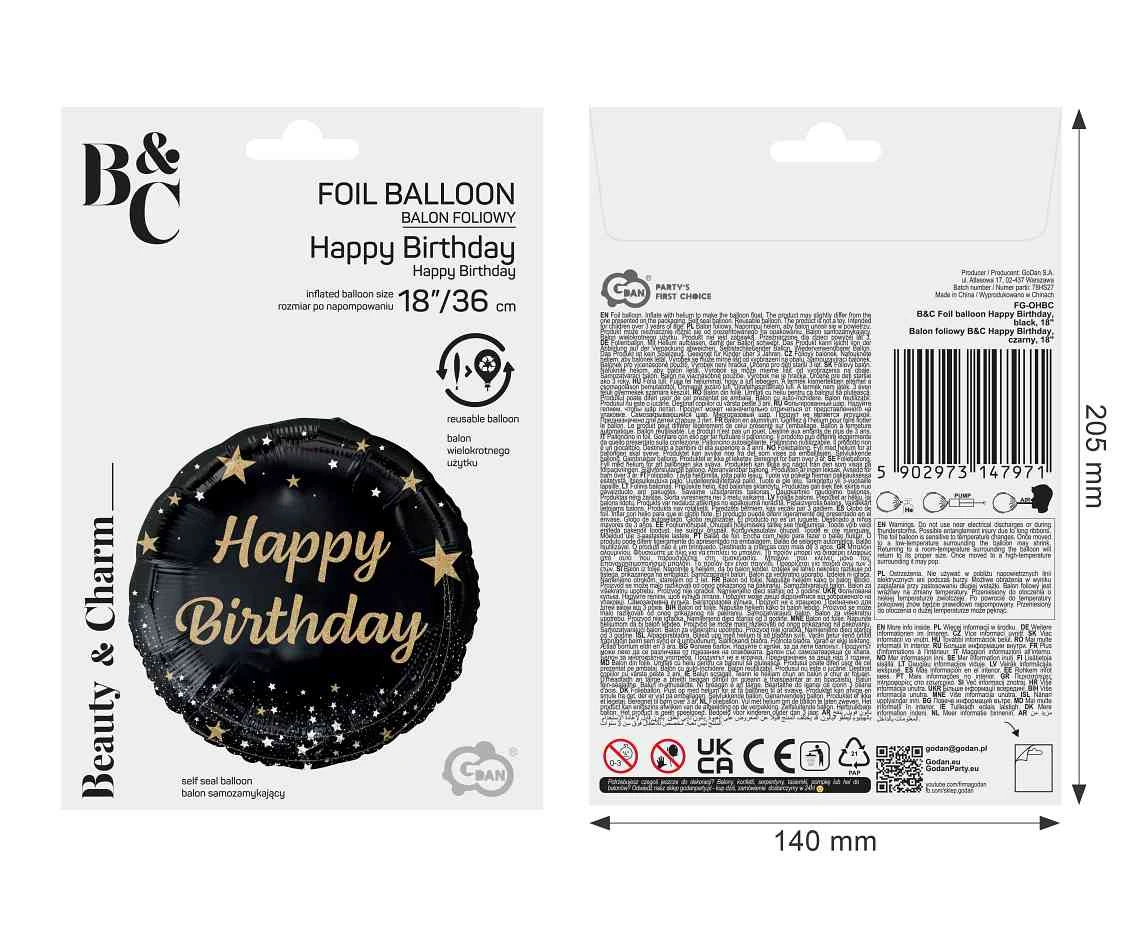 Balon foliowy B&C Happy Birthday, czarny, 18 cali AA