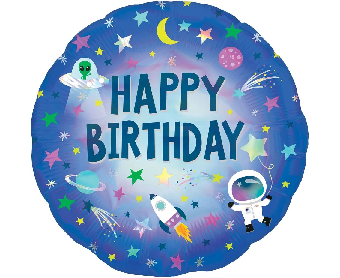 Balon foliowy holograficzny Happy Birthday Outer Space, zapakowany KK