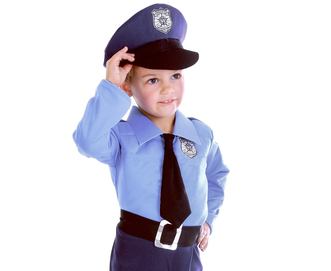 Zestaw dla dzieci Niebieski Policjant (czapka, koszula z krawatem, spodnie, pasek), rozm. 92/104 cm