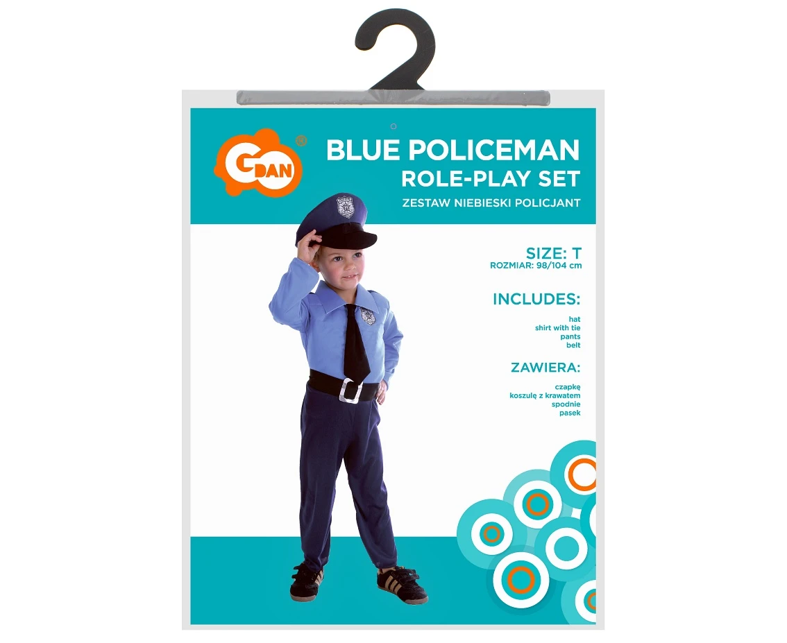 Zestaw dla dzieci Niebieski Policjant (czapka, koszula z krawatem, spodnie, pasek), rozm. 92/104 cm