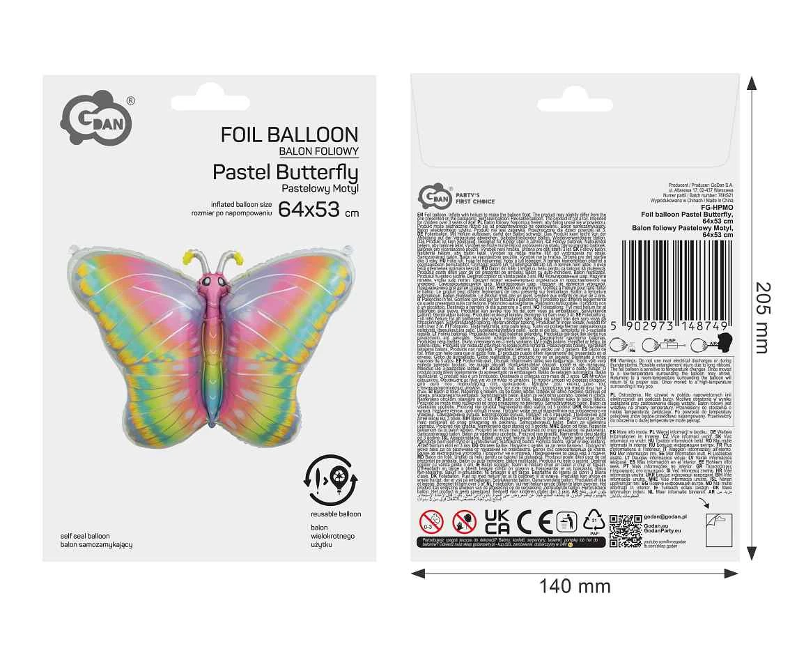 Balon foliowy Pastelowy Motyl, 64x53 cm AA