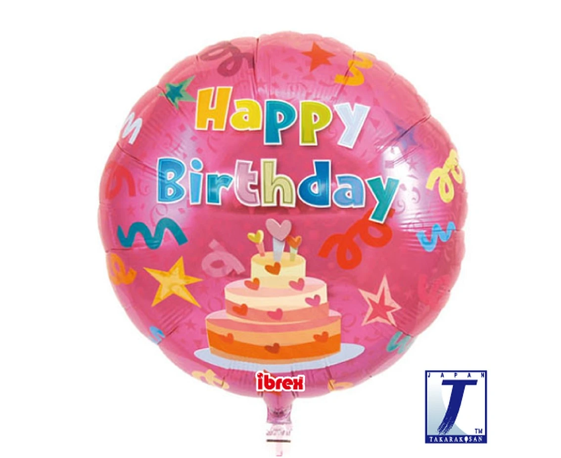 Balon Ibrex Hel, okrągły 14", Happy Birthday Cake, red, packed