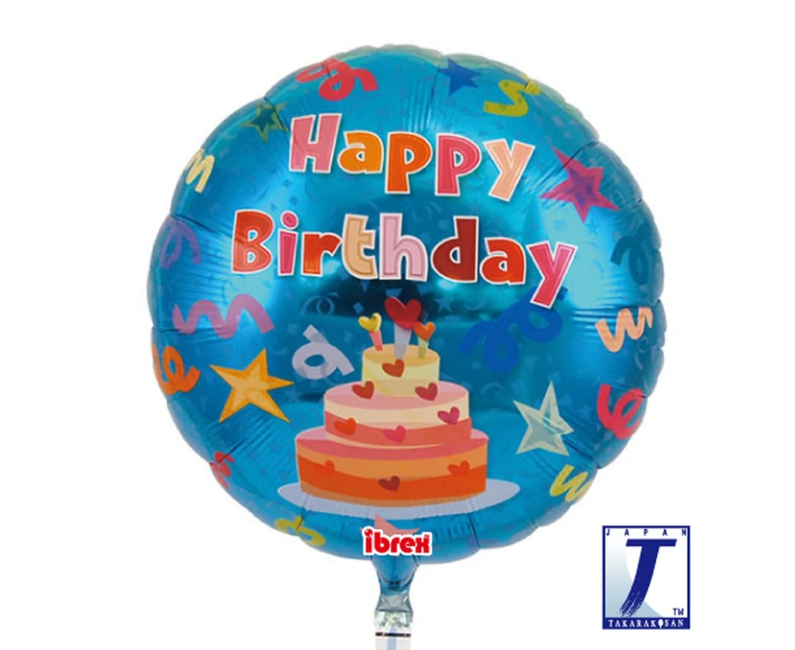 Balon Ibrex Hel, okrągły 14", Happy Birthday Cake, blue, packed
