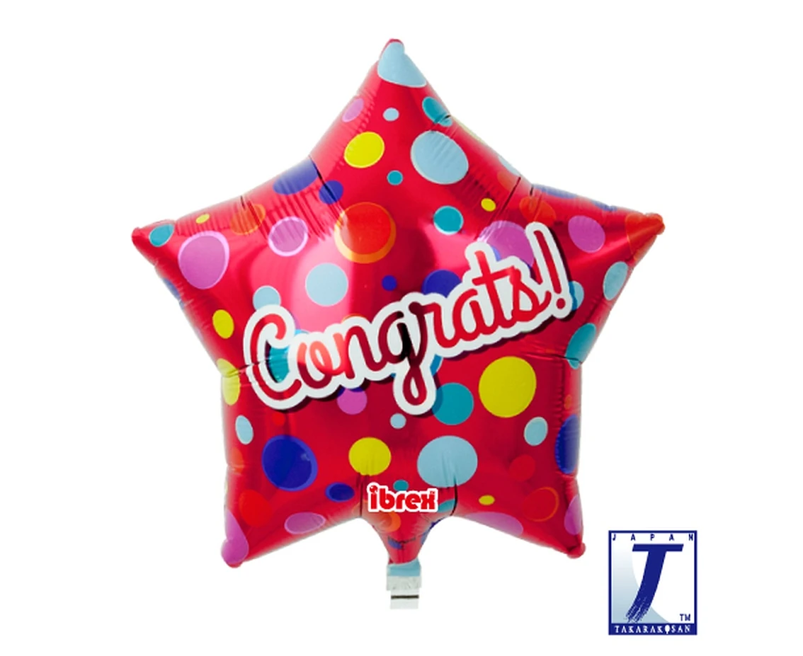 Balon Ibrex Hel, gwiazda 15", Congrats dots, metallic red, packed