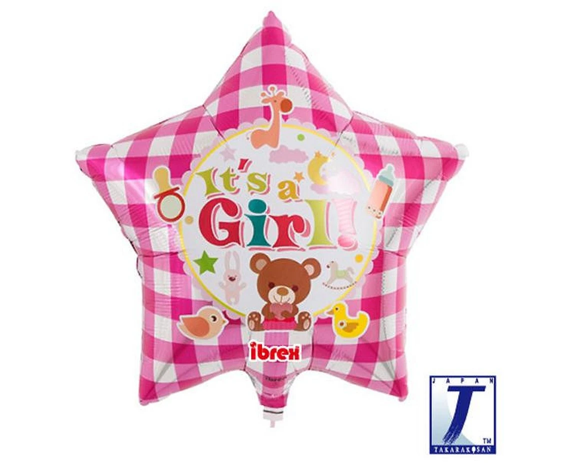 Balon Ibrex Hel, gwiazda 15", It’s A Girl Bear Gingham Pink, packed